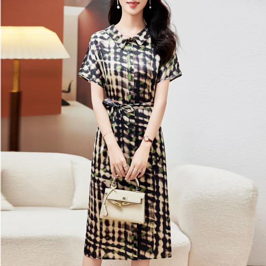 丁摩 重磅真丝连衣裙女中长款夏装新款印花系带修身桑蚕丝衬衫裙5ZF- 0153S 商品图0