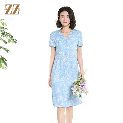 佐尔美夏季新款时尚气质碎花桑蚕丝短袖连衣裙女M42LS39 商品图4