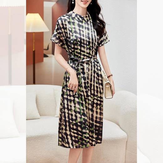 丁摩 重磅真丝连衣裙女中长款夏装新款印花系带修身桑蚕丝衬衫裙5ZF- 0153S 商品图2