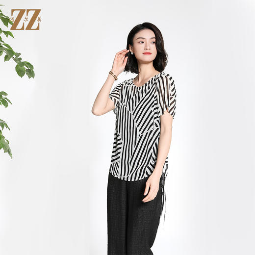佐尔美夏季新款新中式国风时尚气质桑蚕丝短袖衬衣女M42CS27 商品图2