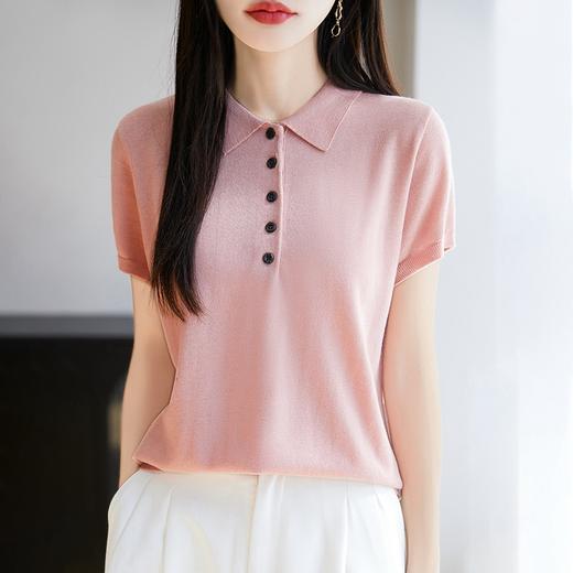 丁摩桑蚕丝羊毛半开扣POLO领短袖T恤女纯色打底翻领薄款透气气质上衣AL5029 商品图1