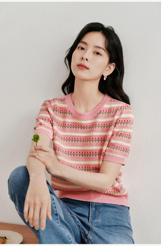 🏆[独家重磅!! 佐姿莎夏日条纹花朵镂空短袖 ]2款可选☀️ 夏天穿也不会热的针织衫 区别市场普货!!🌈侧缝条纹完全对齐，耗料重工! 🔺 面料选用进口冰爽丝 !清爽透气很凉快 不闷热 商品图5