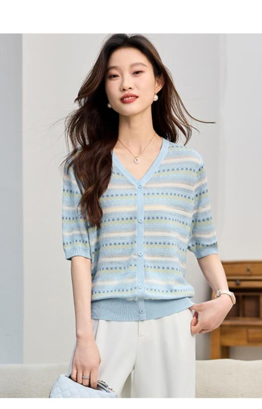 🏆[独家重磅!! 佐姿莎夏日条纹花朵镂空短袖 ]2款可选☀️ 夏天穿也不会热的针织衫 区别市场普货!!🌈侧缝条纹完全对齐，耗料重工! 🔺 面料选用进口冰爽丝 !清爽透气很凉快 不闷热 商品图1