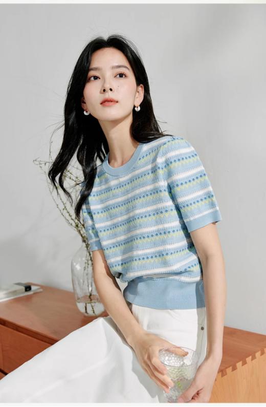 🏆[独家重磅!! 佐姿莎夏日条纹花朵镂空短袖 ]2款可选☀️ 夏天穿也不会热的针织衫 区别市场普货!!🌈侧缝条纹完全对齐，耗料重工! 🔺 面料选用进口冰爽丝 !清爽透气很凉快 不闷热 商品图3