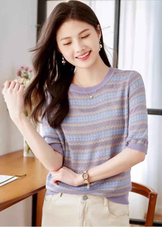 🏆[独家重磅!! 佐姿莎夏日条纹花朵镂空短袖 ]2款可选☀️ 夏天穿也不会热的针织衫 区别市场普货!!🌈侧缝条纹完全对齐，耗料重工! 🔺 面料选用进口冰爽丝 !清爽透气很凉快 不闷热 商品图4