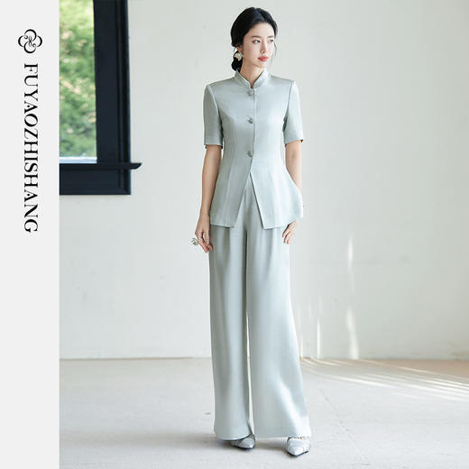 FUYAO扶摇 新中式国风套装女夏新款重磅醋酸立领西装直筒裤两件套 商品图3