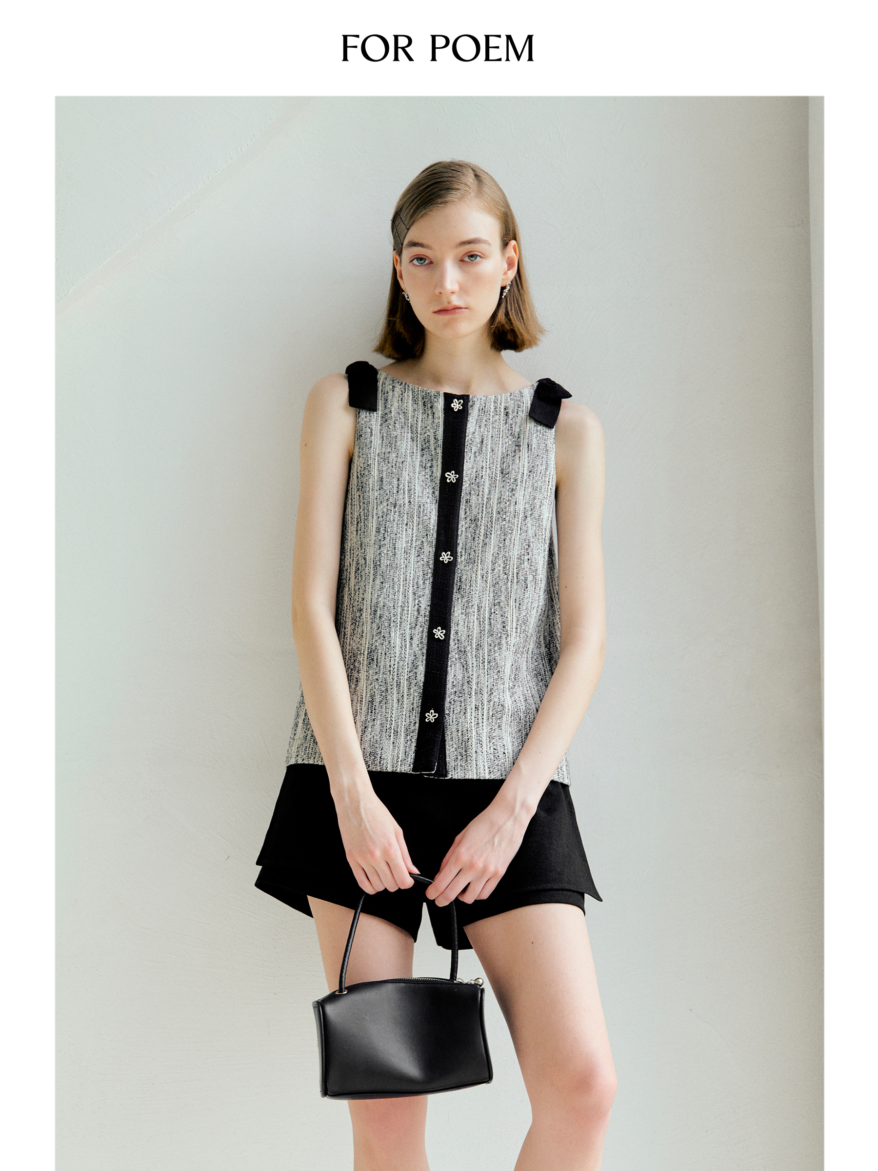 ForPoem 现货 25/SS原创设计前后两穿拼色蝴蝶结小香风无袖背心上衣