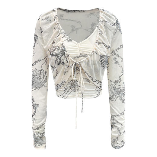 两件套女跨境透气网纱水墨印花长袖健身罩衫褶皱绑带防晒瑜伽套装 商品图4