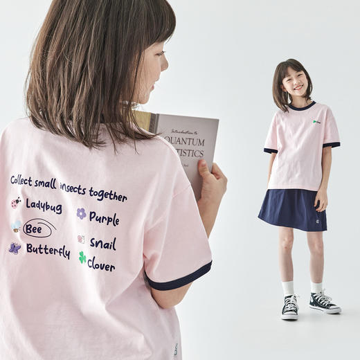 【代发】女童撞色领印花T恤 棵初夏季款童装亲子装全棉宽松短袖上衣花灰色/樱粉色 商品图2