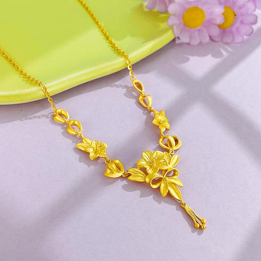 【限时克减150元】足金999.9 #婚庆 【精品】镂空花颜悦色繁花花卉项链今生相守幸福花金叶子花卉调节婚嫁婚庆套链(UWTL00153)（预售产品下单后不退款不退货不换货不补差价） 商品图2