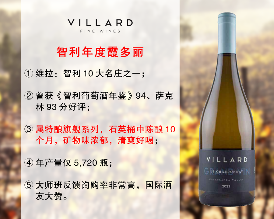 【尾货清仓，最后22瓶】智利10大家族名庄：维拉酒庄特酿霞多丽干白（2023年）