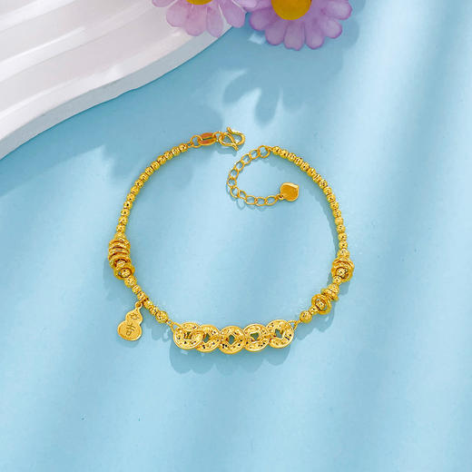 【限时克减150元】】足金999 #招财纳福 5G黄金碎闪金福禄多多吉字葫芦吊饰招财铜钱造型仿五帝币金珠跑环调节手链（内里为足金链）(AE5GSL00194) 商品图1