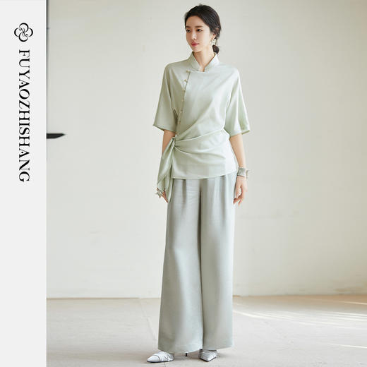 FUYAO扶摇 竹影提花衬衫直筒裤两件套2025夏新款醋酸缎面时尚套装 商品图4