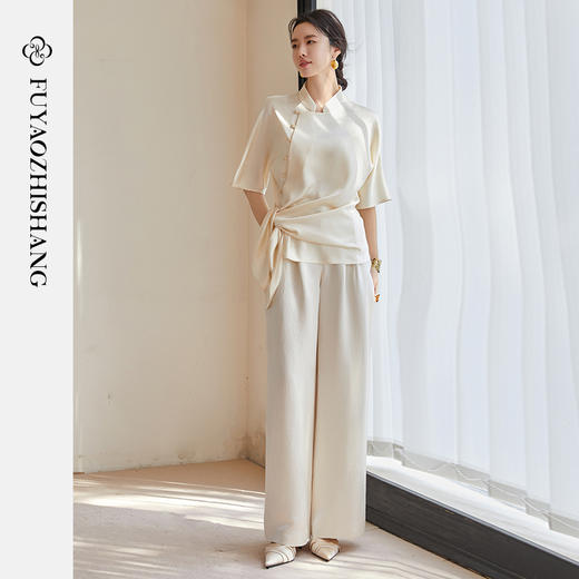 FUYAO扶摇 清冷松弛感国风提花时尚套装女夏季新款斜襟衬衫两件套 商品图3