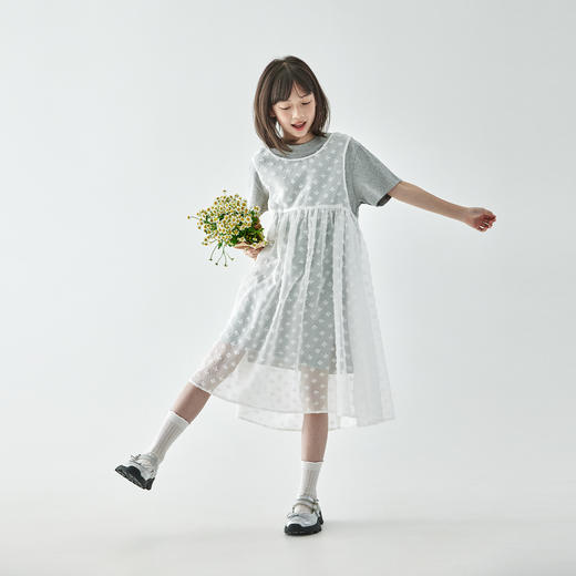 【代发】女童两件套连衣裙 棵初夏季款女童裙子叠穿长款T恤雪纺罩衫套装裙灰白色 商品图4
