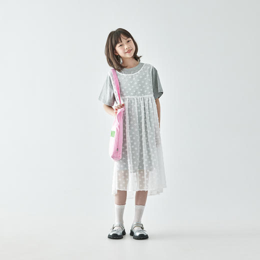 【代发】女童两件套连衣裙 棵初夏季款女童裙子叠穿长款T恤雪纺罩衫套装裙灰白色 商品图2