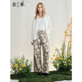 两三事 像素花漾 2025夏季新款做旧水洗印花绑带直筒牛仔裤女