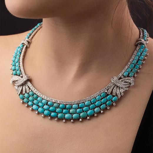 独角鹿西洋古董 1970年代意大利出品蝴蝶结造型白金镶嵌波斯绿松石及钻石项链 商品图1