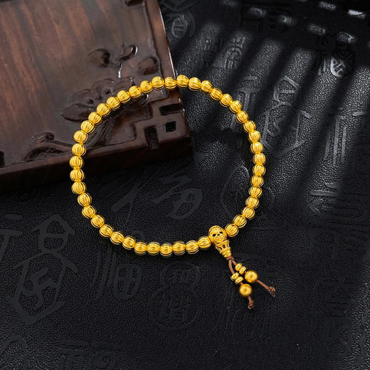 【限时克减150元】足金999.9 #复古风 古法如意纹金珠流苏古风万事不难转运金珠南瓜珠手串弹力绳手串（金珠约3.8-4.2mm）(AVGFSC00027)预售产品下单后不退款不退货不换货不补差价 商品图2