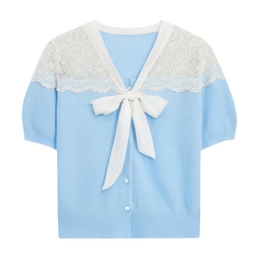VICTORIA&VERA春季“塞纳雾蓝”蕾丝绑带冰丝针织短袖V领镂空肩线法式通勤慵懒上衣 商品图6