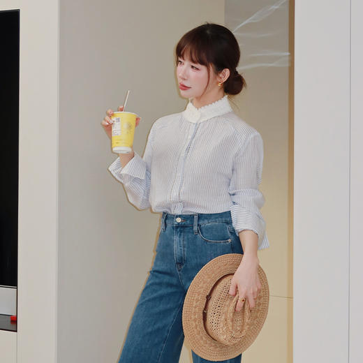 良木礼条纹花边领口衬衫（66203） 商品图0