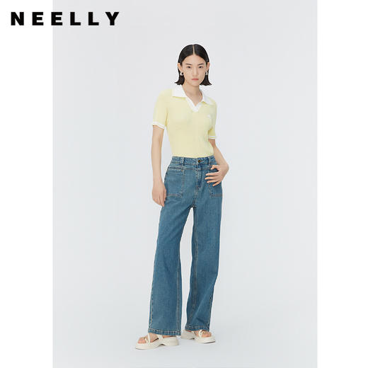 NEELLY纳俪商场同款夏新款撞色显瘦翻领短袖针织女V领五分袖上衣N25044A14420 商品图0