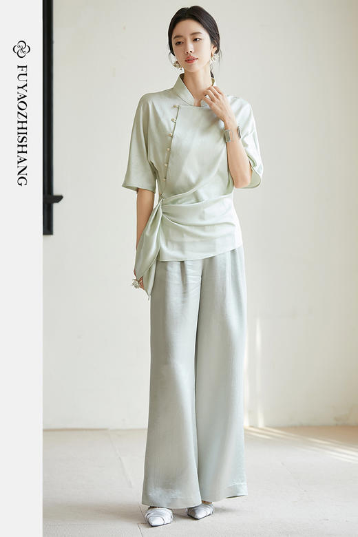 FUYAO扶摇 竹影提花衬衫直筒裤两件套2025夏新款醋酸缎面时尚套装 商品图0