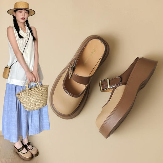 ZHR厚底勃肯半拖鞋女2025夏季新款包头半拖魔术贴一脚蹬懒人鞋 商品图1