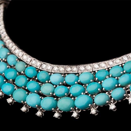 独角鹿西洋古董 1970年代意大利出品蝴蝶结造型白金镶嵌波斯绿松石及钻石项链 商品图3