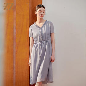 佐尔美夏季新款新中式时尚气质V领桑蚕丝连衣裙女M42LS66