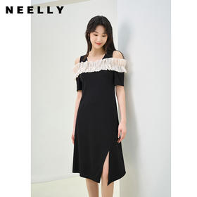 NEELLY纳俪商场同款夏季新款黑色法式露肩设计感连衣裙女显瘦长裙N25044Y04586