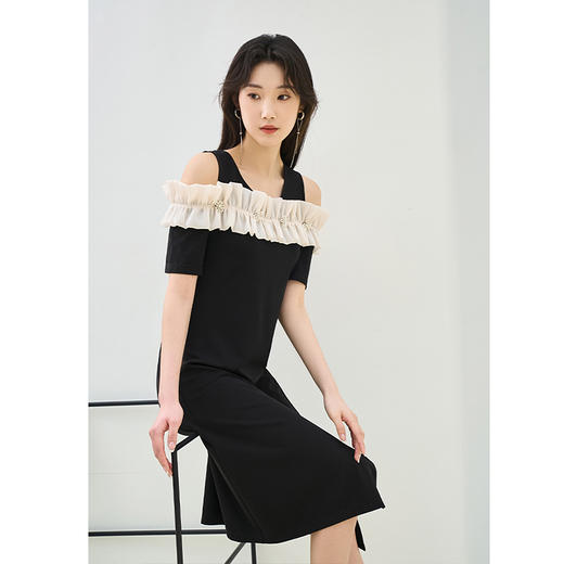 NEELLY纳俪商场同款夏季新款黑色法式露肩设计感连衣裙女显瘦长裙N25044Y04586 商品图2