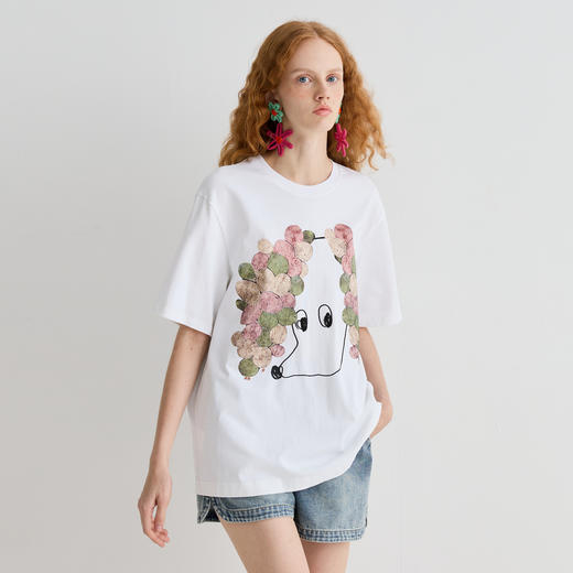 谜底T恤短袖女2025夏新品休闲日常印花宽松H型中长上衣252MT0623 商品图1