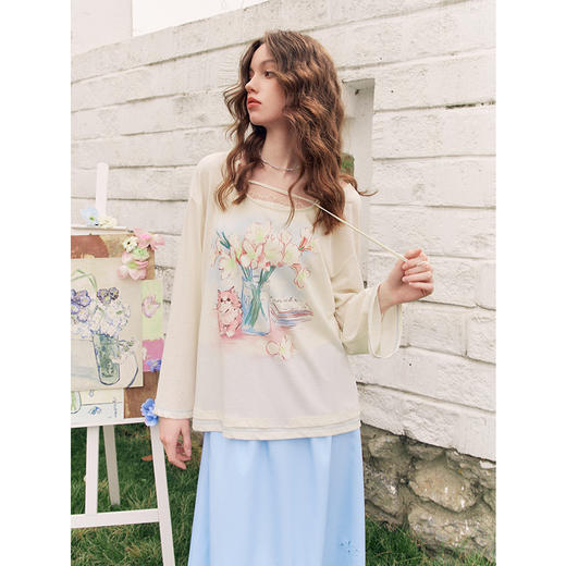 两三事梵高文艺 花遇小咪 2025夏季新款绑带圆领印花两件套t恤女 商品图1