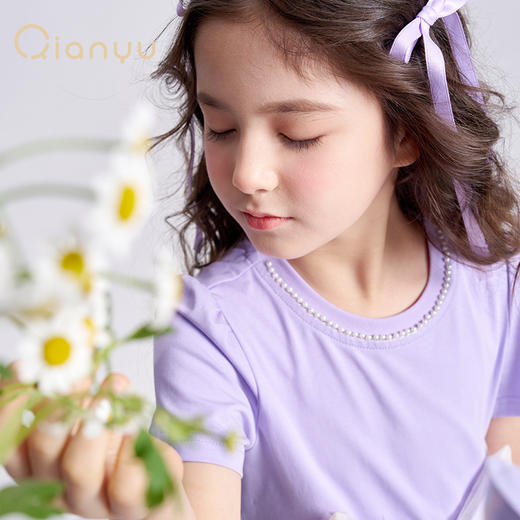 笛莎千与2025夏季新款女童甜美网纱拼接针织短袖连衣裙 商品图3