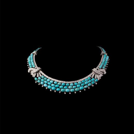 独角鹿西洋古董 1970年代意大利出品蝴蝶结造型白金镶嵌波斯绿松石及钻石项链 商品图0