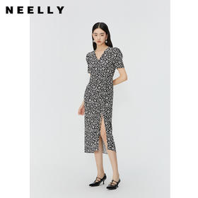 NEELLY纳俪商场同款夏季新款V领韩版碎花泡泡袖连衣裙女雪纺长裙N25044Y14422