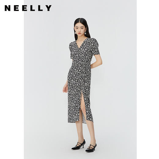NEELLY纳俪商场同款夏季新款V领韩版碎花泡泡袖连衣裙女雪纺长裙N25044Y14422 商品图0