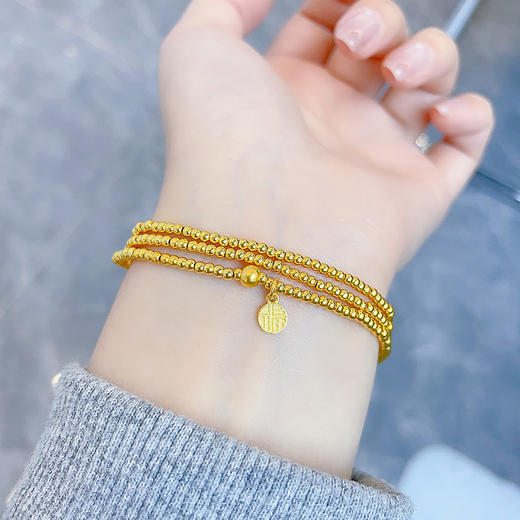 【限时克减150元】足金 #祈福 【精品】3D硬金空心福字吊饰三圈幸运手串圆珠弹力绳成品手串(AK3DSC00030)（预售产品下单后不退款不退货不换货不补差价） 商品图0