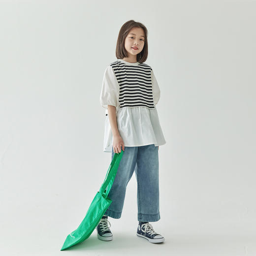 【代发】女童假两件条纹拼接衬衫 棵初夏季亲子海军风短袖童装复古泡泡袖上衣条纹拼白 商品图1