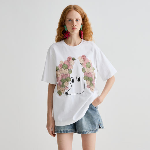 谜底T恤短袖女2025夏新品休闲日常印花宽松H型中长上衣252MT0623 商品图0