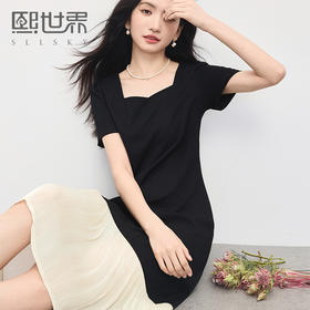 【周四狂欢价】熙世界2025年夏季新款女装法式赫本风方领撞色鱼尾拼接短袖连衣裙