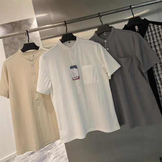 棉麻混纺！2025净色轻薄透气文艺休闲亨利领短袖衬衫上衣男 商品图2