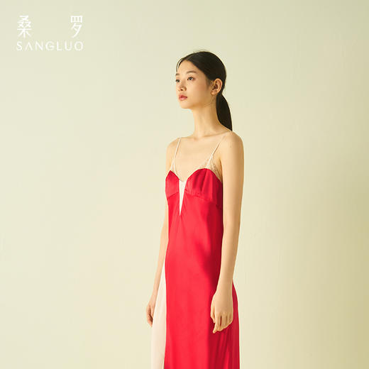 桑罗蕾丝拼接撞色吊带裙收腰派对礼服裙睡裙桑蚕丝 商品图4
