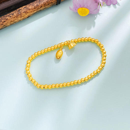 【限时克减150元】足金999 #两世欢 古法两世欢圆珠手链好运莲莲莲花莲蓬吊饰转运金珠弹力绳手串（珠约3.2-3.6mm)(AUQGFSC00031-2) 商品图2