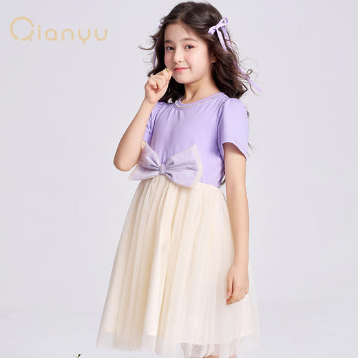 笛莎千与2025夏季新款女童甜美网纱拼接针织短袖连衣裙 商品图1