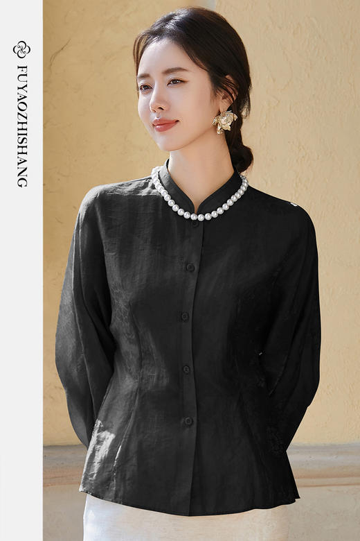FUYAO扶摇 黑色立领衬衫女2025年夏新款时尚天丝衬衣优雅显瘦小衫 商品图5