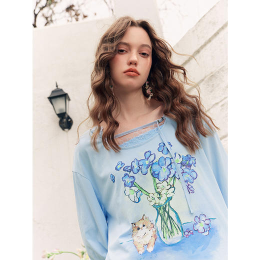 两三事梵高文艺 花遇小咪 2025夏季新款绑带圆领印花两件套t恤女 商品图2