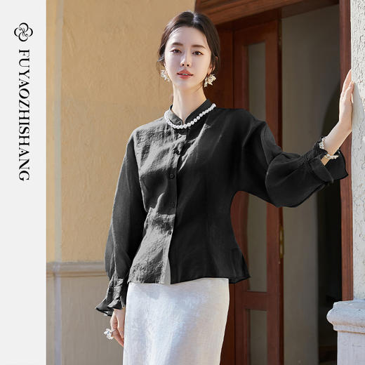 FUYAO扶摇 黑色立领衬衫女2025年夏新款时尚天丝衬衣优雅显瘦小衫 商品图1