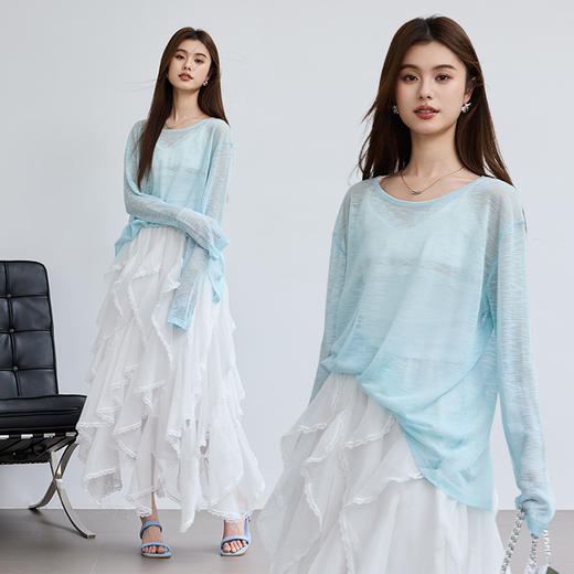 VICTORIA&VERA春季“懒人双面穿”雾蓝微透冰丝裸感针织衫长袖正反两穿春夏通勤显瘦心机装 商品图6